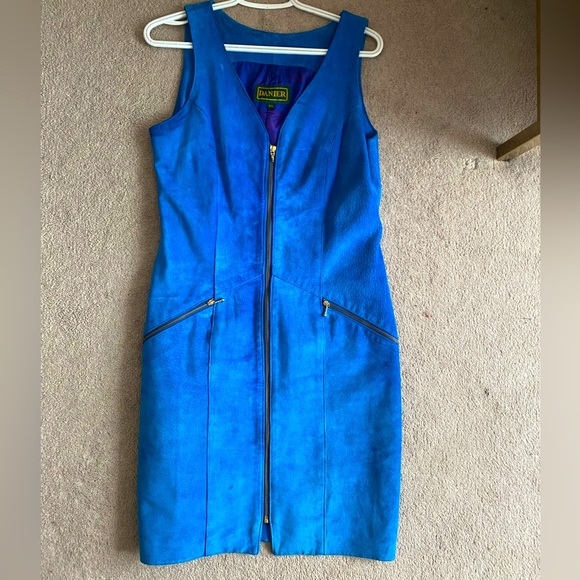 Vintage Danier Blue Leather Suede Front-Zip Minidress Pinafore - Picture 1 of 4
